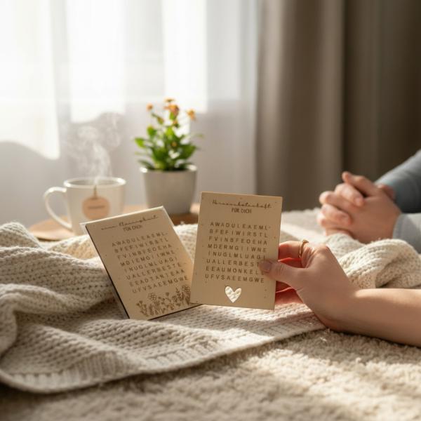 Holz‑Rätselkarte mit Schriftzug „Eine Kleinigkeit für Dich“ und Rätselplättchen